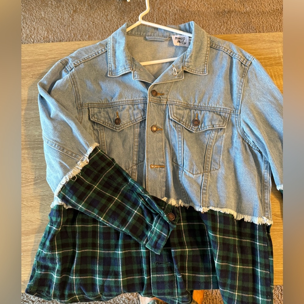 Denim Oversized Shacket with Flannel Trim and Sleeves
